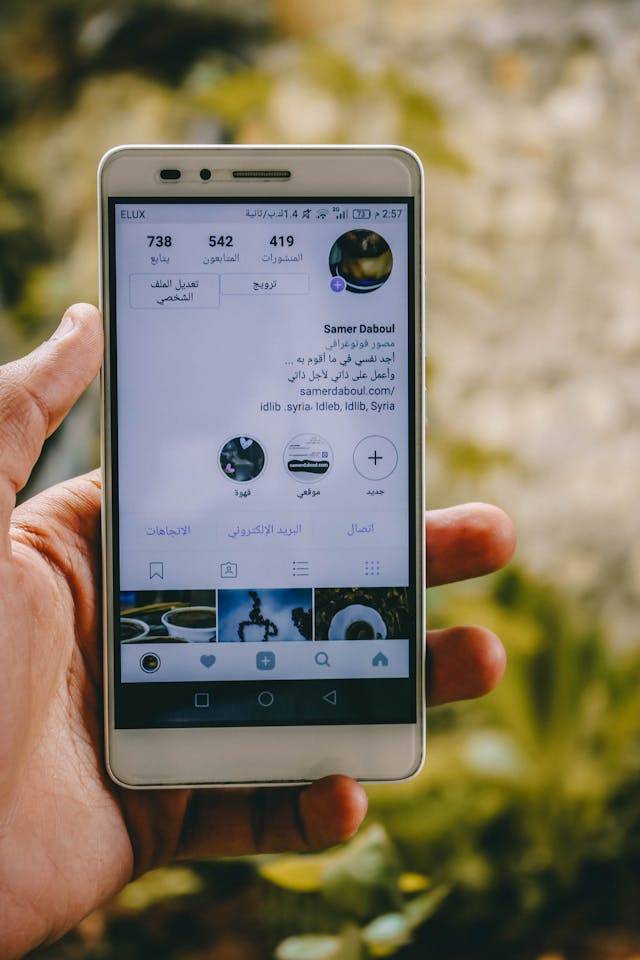 A mobile phone displaying Instagram interface with the text "ELUX", time stamp, follower count, posts, profile options, and user details.
